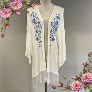 Clover + Scout White‎ Kimono with Blue Floral Embroidery